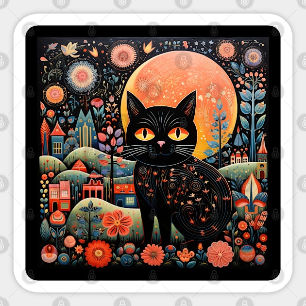 Surrealistic Folk Art Dark Floral Motif Black Cat Design Sticker by The Little Store Of Magic